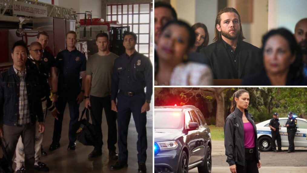 Kenneth Choi as Chimney, Aisha Hinds as Hen, Oliver Stark as Buck, Peter Krause as Bobby, Ryan Guzman as Eddie, and Anirudh Pisharody as Ravi in '9-1-1'; Max Thieriot as Bode in 'Fire Country,' and Vanessa Lachey as Jane in 'NCIS: Hawai'i'